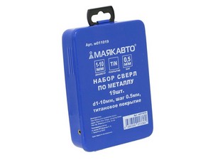 16093 Набор свёрл по металлу 19шт. Ø1-10мм, шаг 0,5мм, титановое покрытие  МАЯК