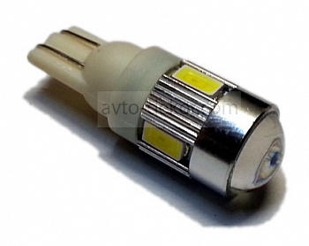 00429 Лампа светодиодная Т10 (W2,1-9,5d) белая, ЛИНЗА 6 SMD 5630 диодов, 12v  