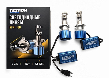18657 Светодиодные линзы TEZRON Mini-U8 H4 9-32В, 100Вт, 12000Лм, 6000К, 2шт