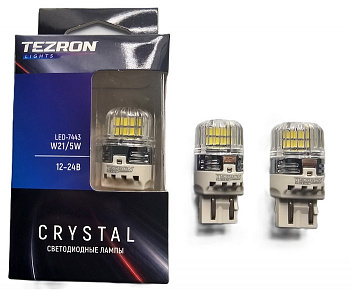 18616 Светодиодные лампы TEZRON CRYSTAL 7443 W21/5W, 16x2835SMD 12-24В, 4.4/0.9Вт, 450/100Лм, 6000К,
