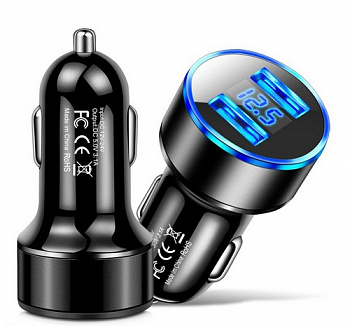 18008 Зарядное устройство 2USB + вольтметр, черный 3.1A (металл)   z358