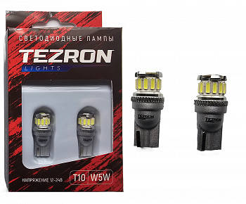 18596 Светодиодные лампы TEZRON LED T10 / W5W 12-24В, 1.6Вт, 200Лм, 6500К, 2шт, TZR00121