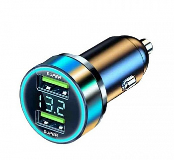 17565 Зарядное устройство 2USB + вольтметр (QC3.0), черный Max66W+2A (металл) z085
