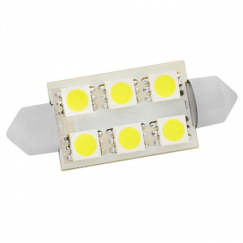 00490 Лампа светодиодная 11-39 (SV8,5) 6 SMD 5050 диода, белая, салонная 12v  (мин.заказ 10шт)