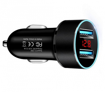 18012 Зарядное устройство 2USB + вольтметр (PD20W+Max66w), черный 3.1A (металл )    z362