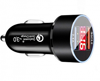 18014 Зарядное устройство 2USB + вольтметр (QC3.0), черный 3.1A (пластик)    z364